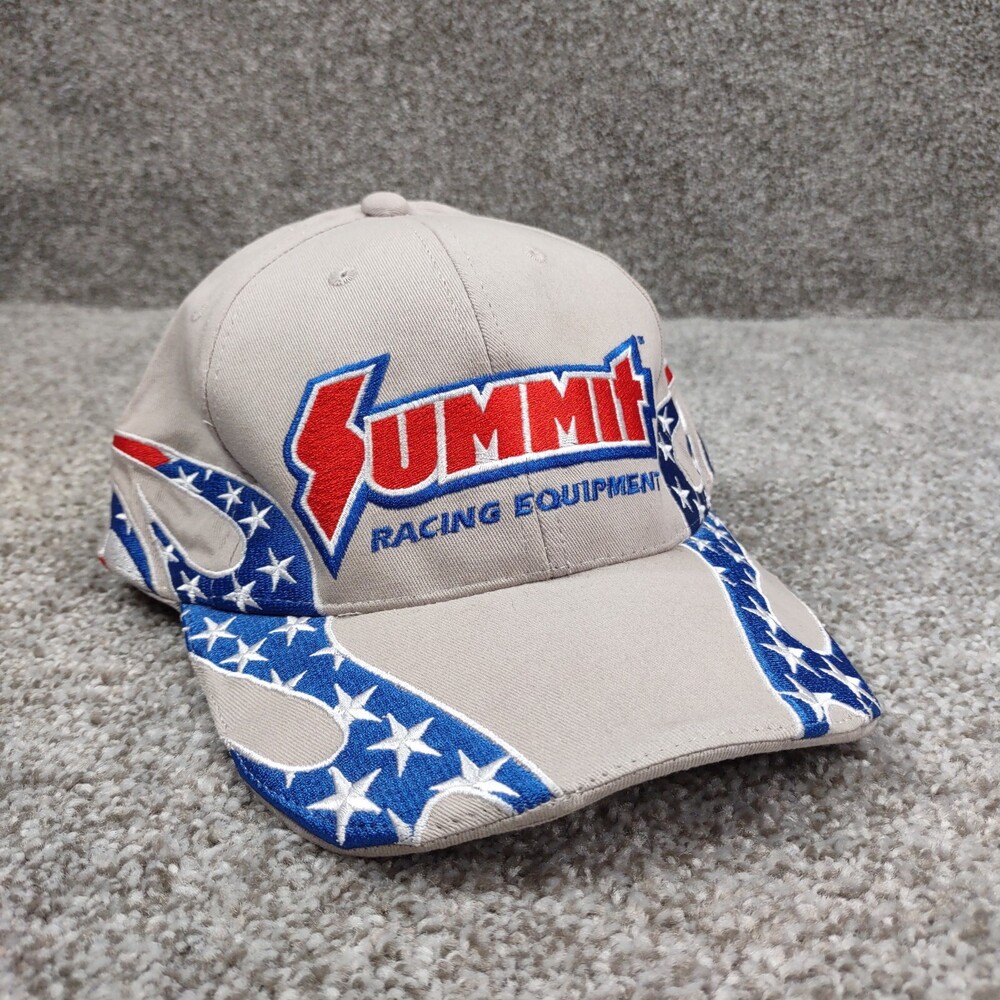 Vtg Summit Racing Equipment Hat Cap Men Gray Flame Flag Embroidered USA